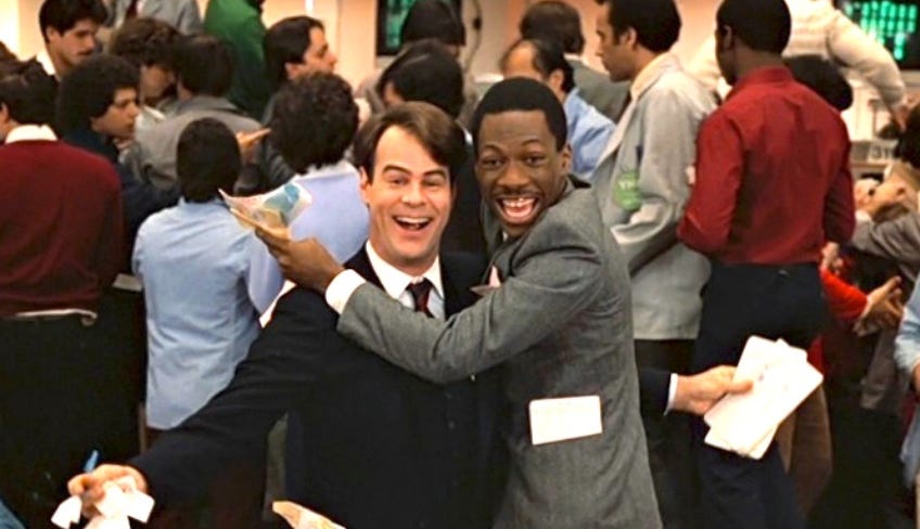 The scene from “Trading Places” where the two heroes get rich by shorting commodities futures.