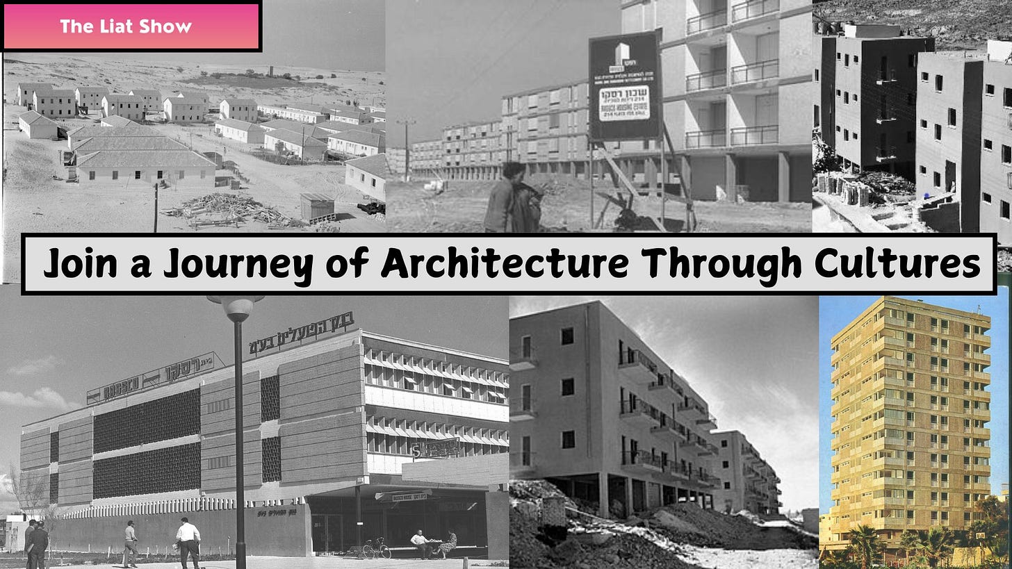 A collage of historical Israeli architecture, featuring residential and public buildings constructed by Rassco. The images include black-and-white photos of early immigrant housing, transit camps, mid-century apartment blocks, and a color image of a high-rise tower. The banner reads "Join a Journey of Architecture Through Cultures" under The Liat Show branding. All buildings shown were developed by Rassco, reflecting its influence on Israel’s built environment.