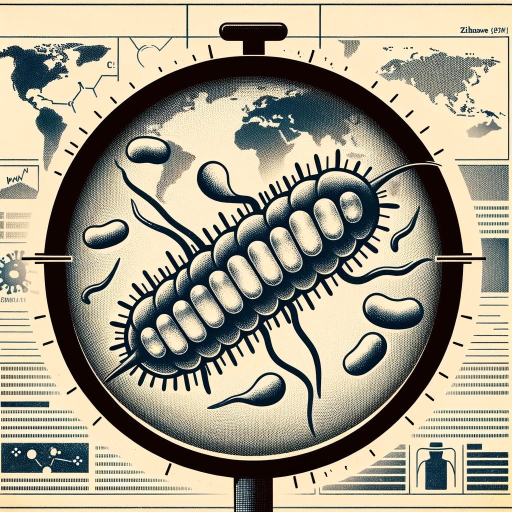Illustration in a simplified and classic news graphic style, depicting the cholera bacteria, Vibrio cholerae, to accompany an article about the outbreak in Harare, Zimbabwe. The image should feature a stylized representation of the bacteria, possibly with a microscope view effect. Surround the bacteria with subtle elements that indicate its spread, like water droplets or symbols representing contamination. The background could include a simplified outline of Zimbabwe or Harare, placing the issue in its geographical context. The overall image should convey the seriousness of the cholera outbreak, consistent with traditional newspaper and magazine graphics.