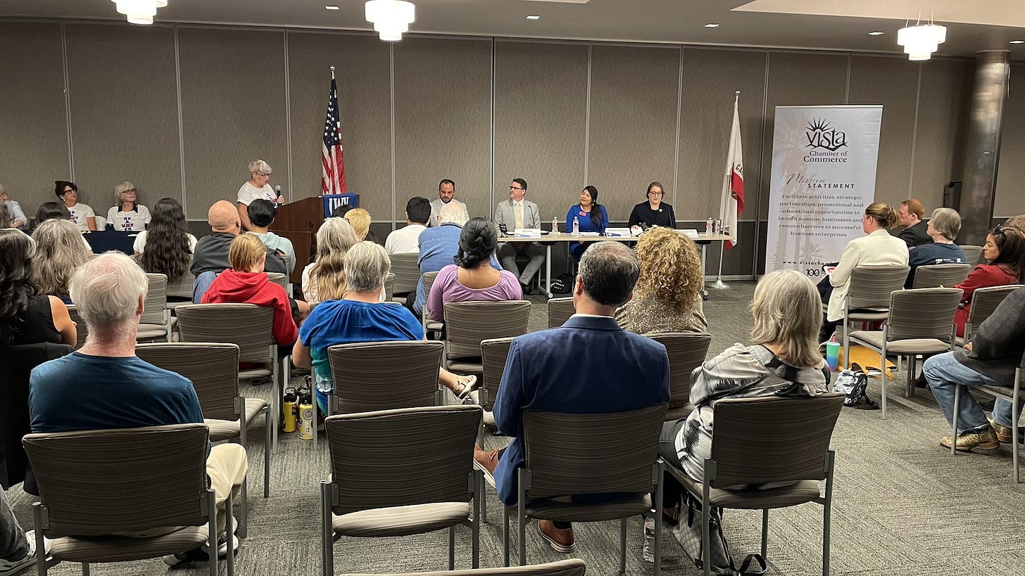 Dozens of residents attended Monday’s candidate forum hosted by the Vista Chamber of Commerce and the League of Women Voters at the Vista Civic Center. Steve Puterski photo