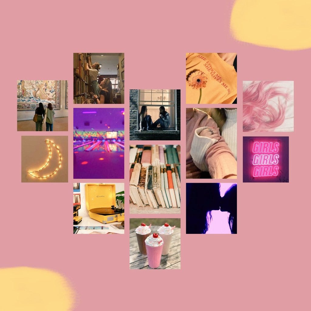 a heart-shaped collage/moodboard in yellows and pinks