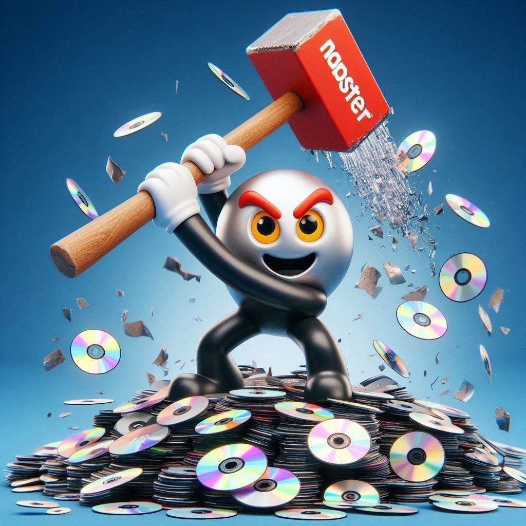 an anthropomorphic Napster logo smashing a bunch of CDs and CD players with a gigantic sledgehammer, make it fun, and satiric