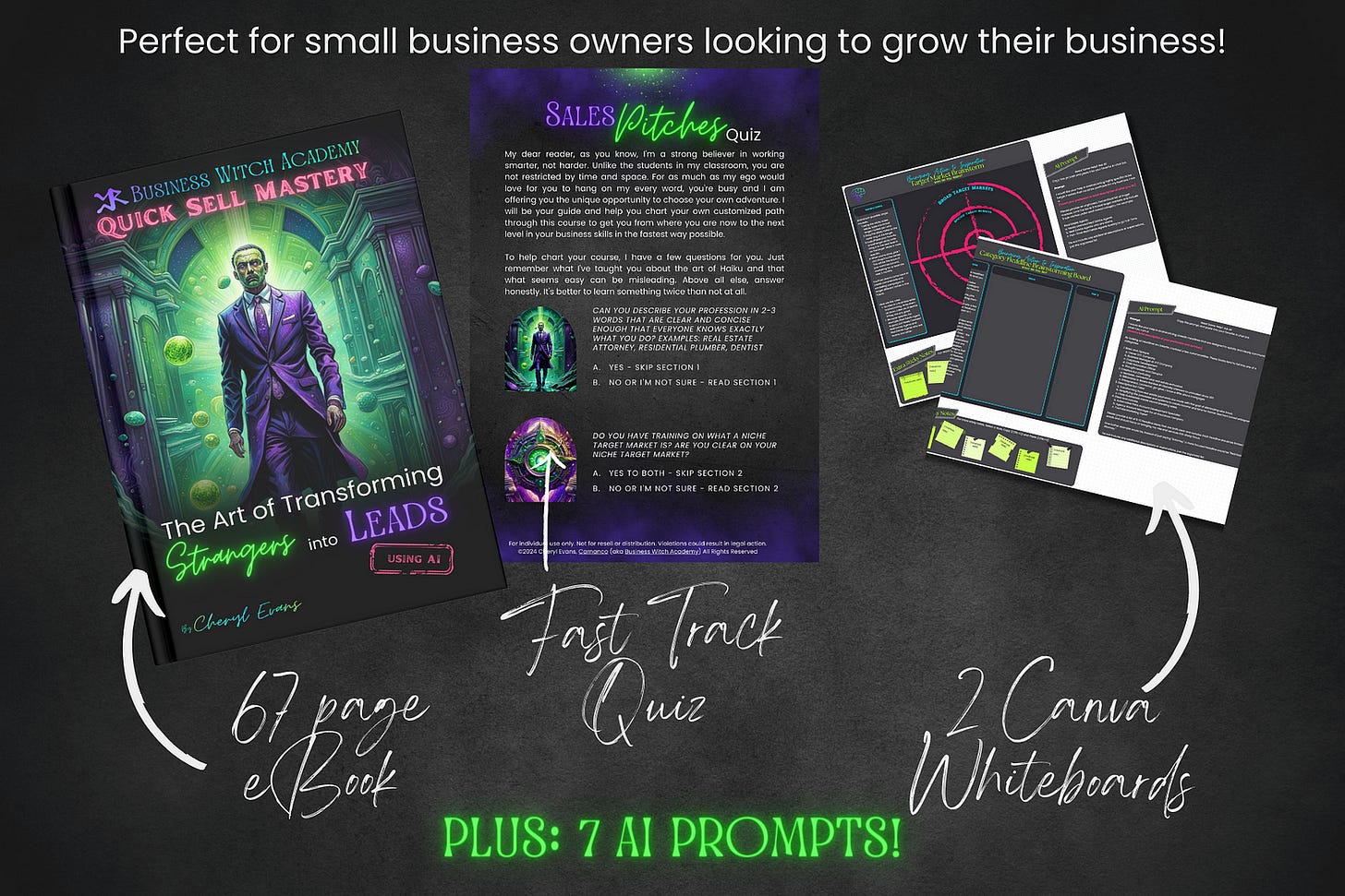 infographic for the Quick Sell Mastery Course from the Business Witch Academy. The Quick Sell Master Course from the Business Witch Academy includes 7 AI-prompts total, 2 Canva Whiteboards and 2 bonus eBooks to help fast track you for success with the last amount of effort possible.