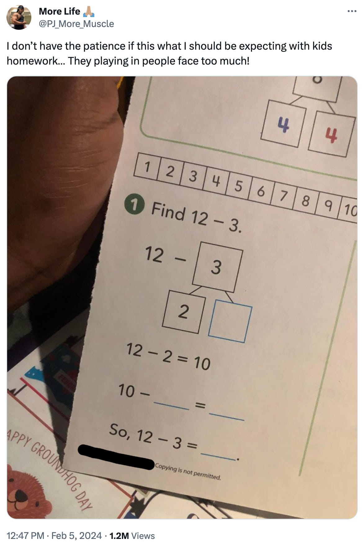 A parent tweets, "I don’t have the patience if this what I should be expecting with kids homework… They playing in people face too much!" above the image of a kid being asked to find 12-3 using a method called "making tens".