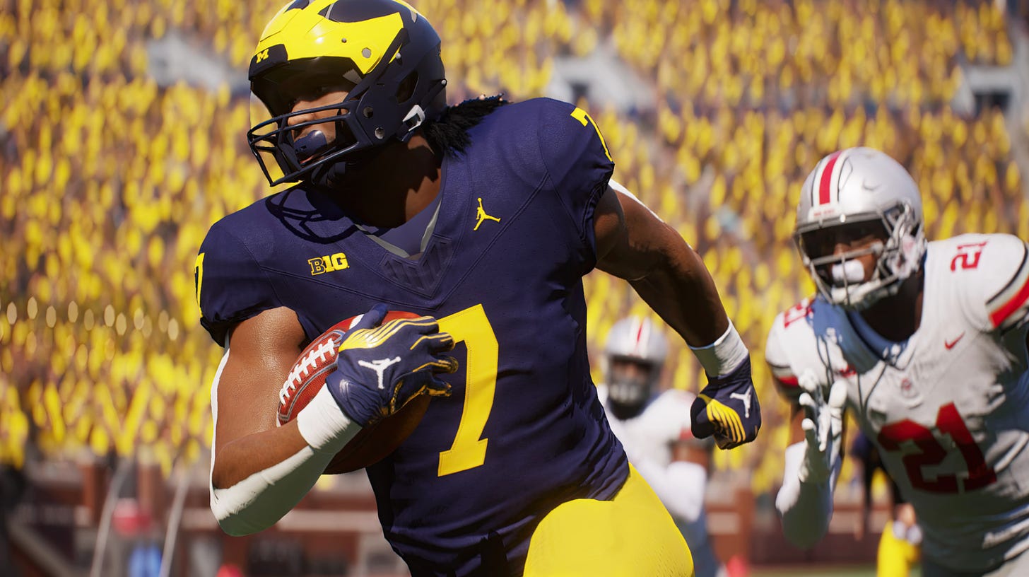 video game screenshot of a football player running with the ball cradled in his arm