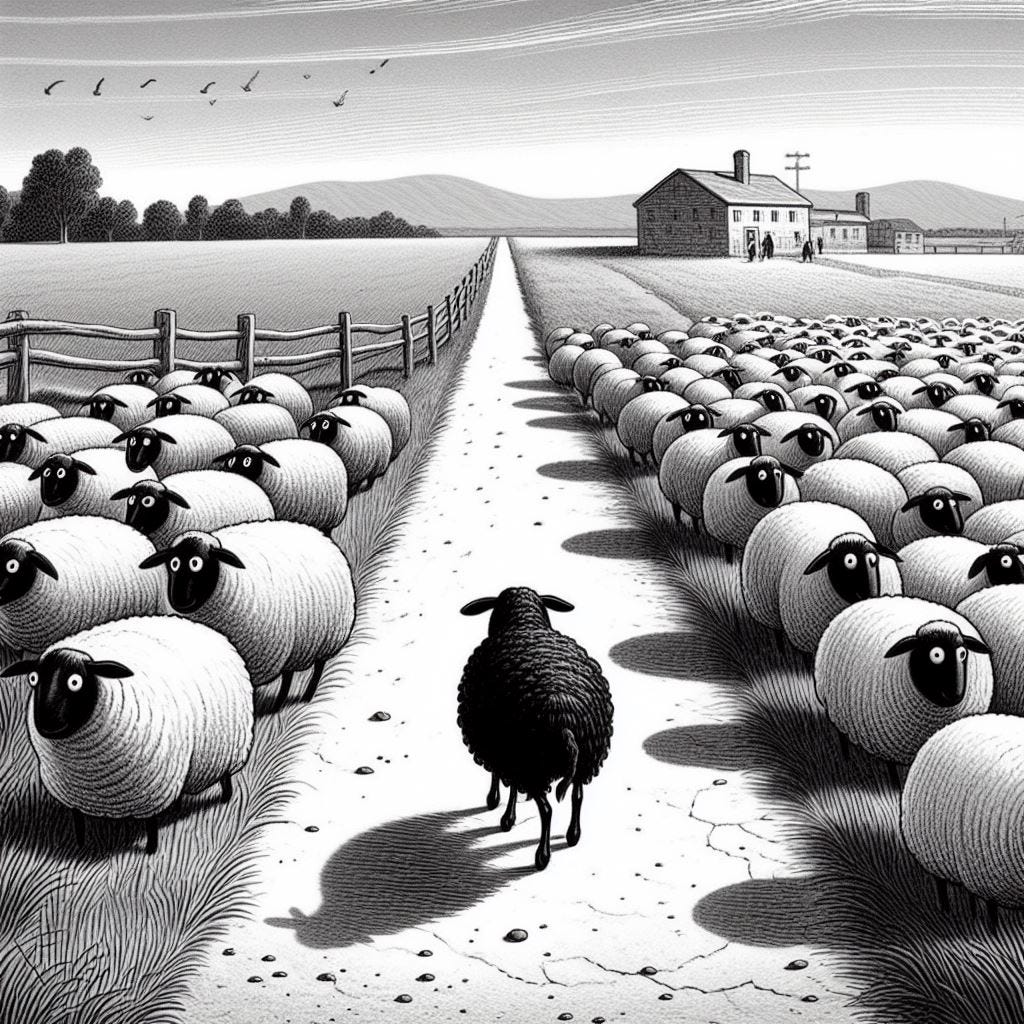 A nervous black sheep with black wool is walking down a lonely, empty path towards a beautiful view. A herd of confident white sheep are walking down a different, second path towards an ugly field. New Yorker style illustration.