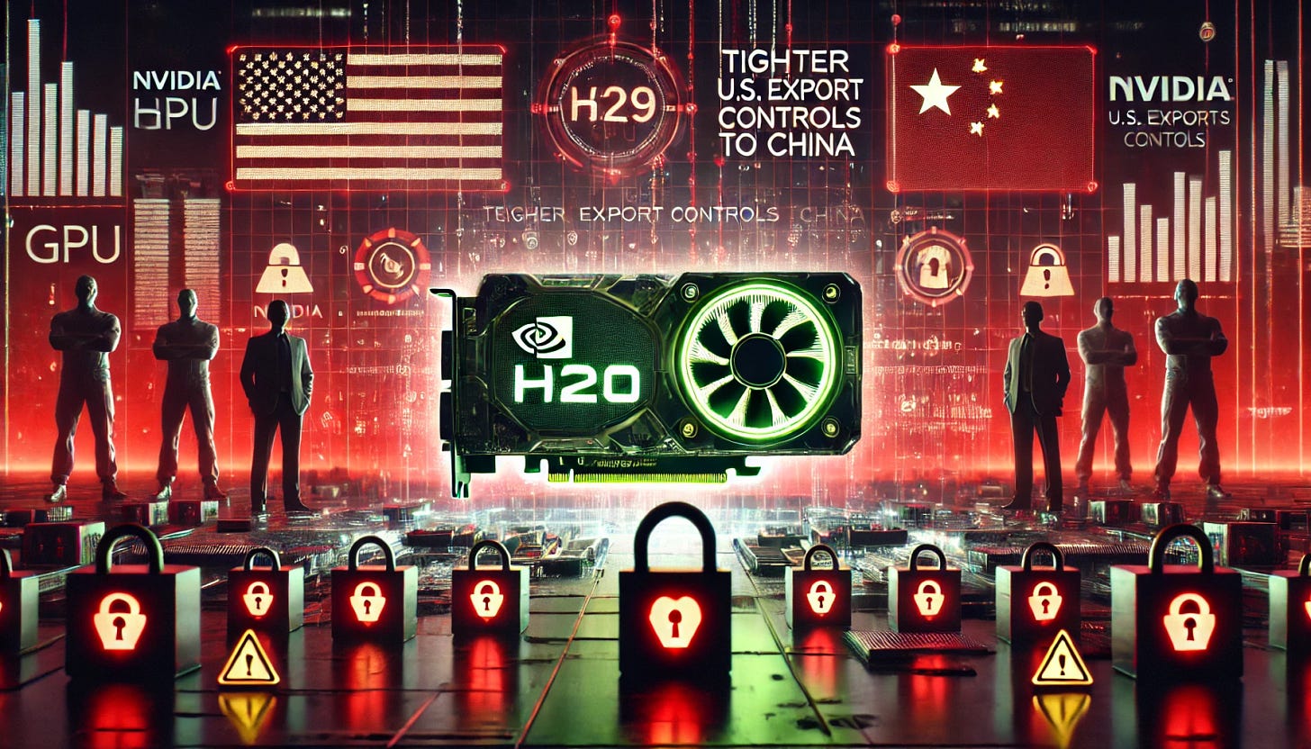 A 16:9 futuristic illustration depicting Nvidia’s H20 GPU under fire amid potential tighter U.S. export controls to China. The scene features a glowing Nvidia H20 GPU surrounded by red warning holograms and digital locks, symbolizing looming restrictions. In the background, silhouettes of government officials and policy documents hint at stricter regulations. A futuristic trade barrier with the U.S. and China flags represents geopolitical tensions. The atmosphere conveys uncertainty, regulatory pressure, and potential market impact on Nvidia’s sales.