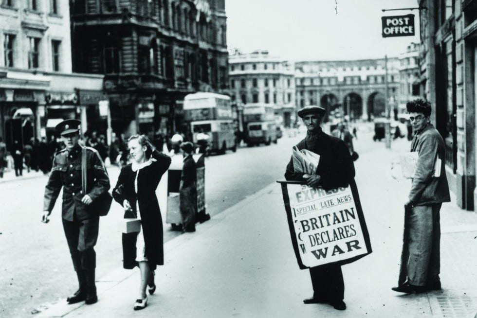 A news photo from 1939 showing Britain's declaration of war on Germany