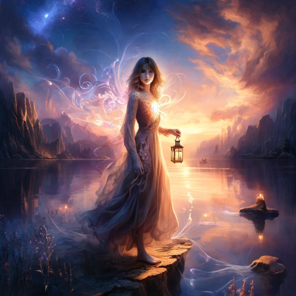 In the heart of the enchanted realm of Mirrormere, The Wounded Dreamer stands on a cliff overlooking a vast, shimmering lake under a twilight sky. She is depicted as an ethereal figure, embodying the INFP personality’s depth and sensitivity. Her attire is a flowing dress that blends with the colors of the dusk, symbolizing her creative and introspective nature. In one hand, she holds a lantern, casting a soft, warm light, symbolizing her inner light and resilience amidst darkness. Her other hand gently touches a scar over her heart, representing her past wounds and the strength found in vulnerability. Her gaze is forward, thoughtful yet hopeful, reflecting her journey of self-discovery and healing. Around her, ethereal wisps float, embodying her dreams and aspirations, while the reflective lake mirrors her complex inner world. The entire scene is imbued with a sense of magic and possibility, highlighting The Wounded Dreamer’s transformative journey through trauma, growth, and self-expression.