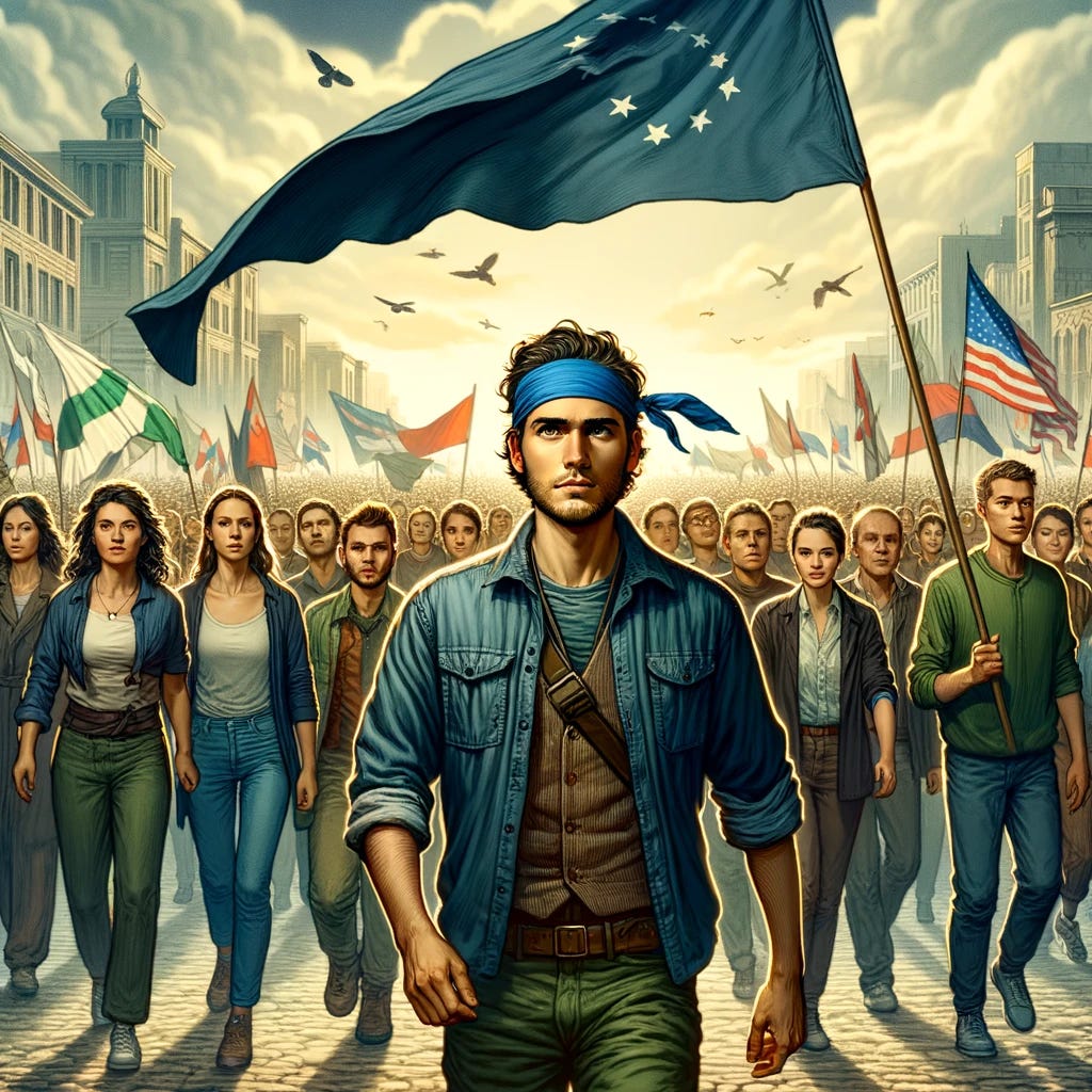 A digital illustration of a diverse group of people following a leader in a revolutionary setting. The leader, a young Caucasian man, stands at the forefront, holding a flag, exuding confidence and determination. He wears a blue bandana and a resolute expression. The crowd behind him is diverse, representing various ethnicities and ages, united and inspired by his leadership. They carry banners and signs, expressing solidarity and hope. The scene is set against a backdrop of a cityscape, symbolizing urban revolution, with a dramatic, cloudy sky above, conveying the seriousness of their cause.