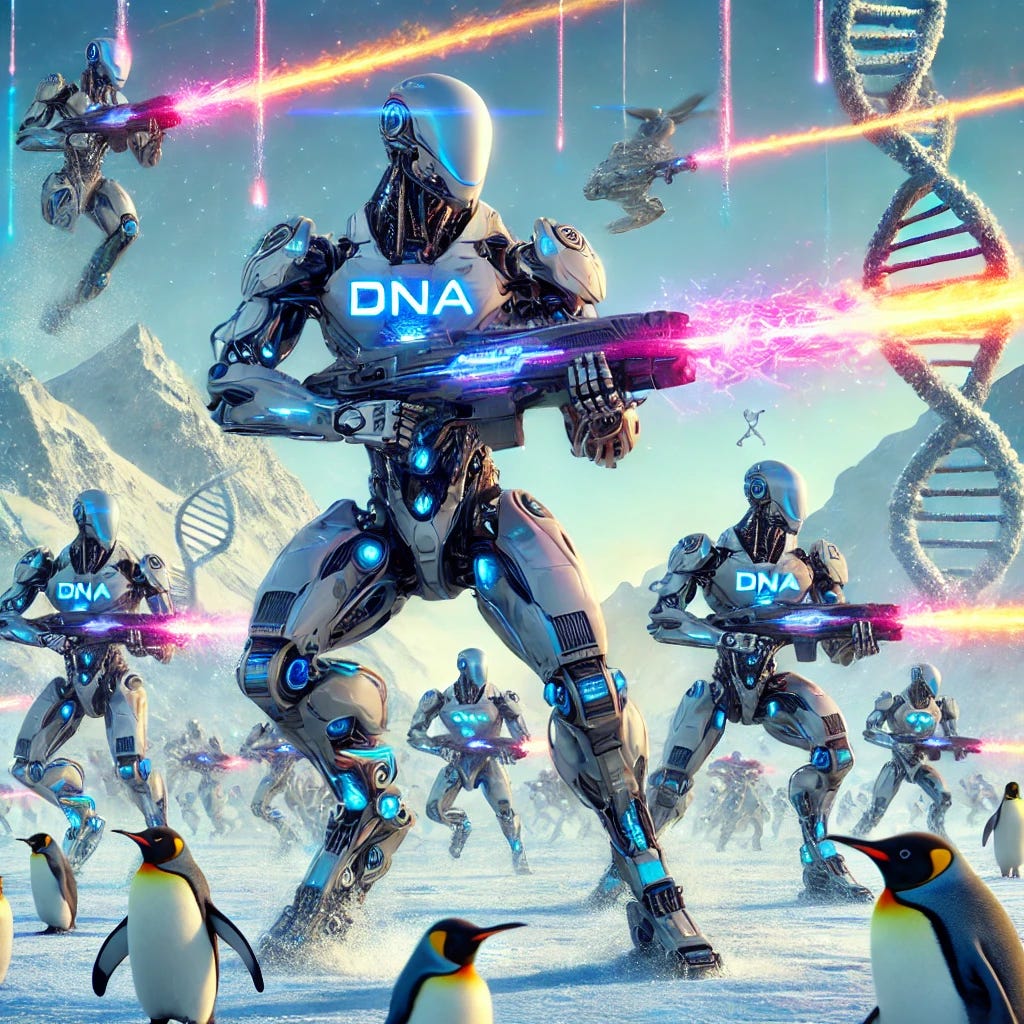 An intensified scene of genderless robots engaged in a more dynamic battle, set in a snowy landscape. These sleek, metallic robots, adorned with DNA logos, are shown using energy weapons that emit bright, colorful beams. The combat is intense and action-packed, with robots in various dynamic poses, some even in mid-air. In the background, a group of penguins watches with heightened interest. The icy mountains and clear blue sky frame the dramatic scene.