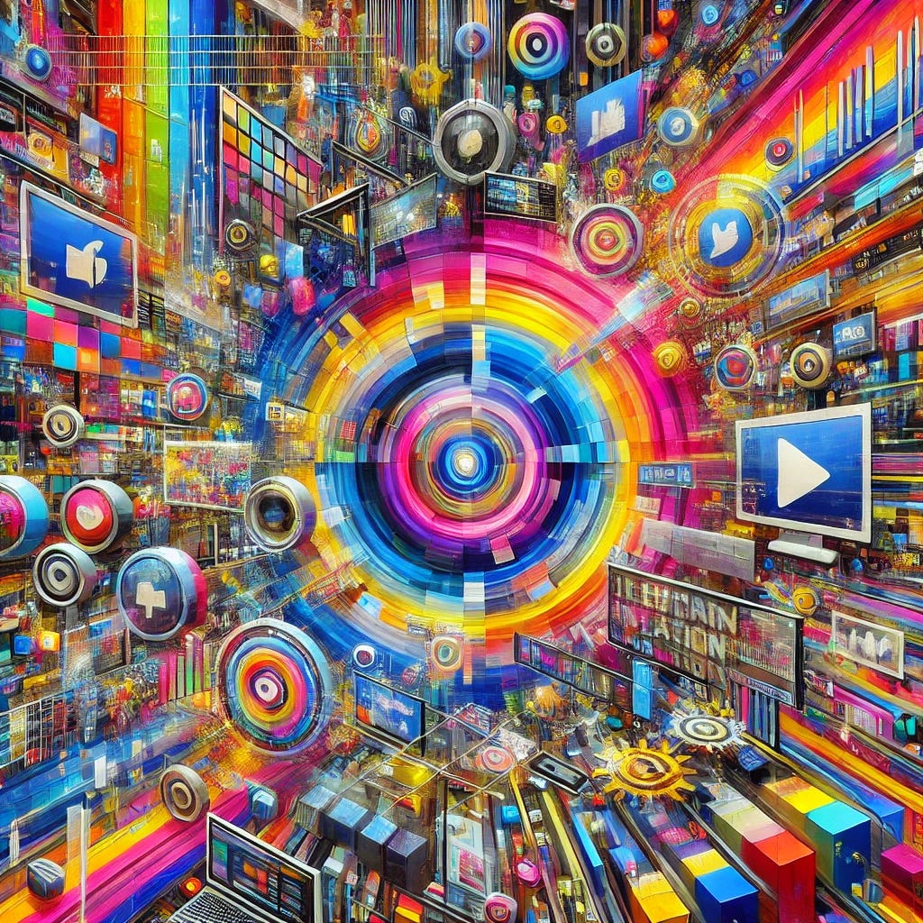 An abstract painting inspired by the concept of viralflation and the artificial inflation of social media view counts. The artwork features a chaotic mix of bright, eye-catching colors like neon pink, electric blue, and bright yellow to symbolize overstimulation and attention hacking. Repetitive circular shapes represent looping video views, while fragmented digital screens scatter across the canvas. Layers of numbers, glitch-like textures, and pixelated forms suggest manipulated metrics and illusionary virality. The composition is energetic, fast-paced, and visually overloaded, evoking the feeling of scrolling through rapidly changing content.