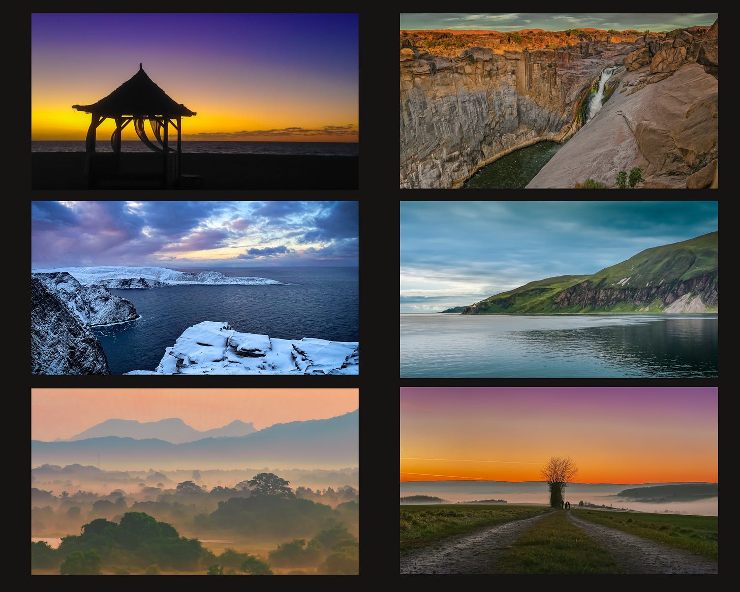 wooden gazebo stands on the beach in Sal, Cape Verde, set against a vivid gradient sky shifting from gold to deep purple. Top right: A canyon in Augrabies National Park, South Africa, with rugged rock formations and a waterfall descending into a green river gorge. Middle left: A snow-covered cliff in Northern Cape, Norway, overlooking a calm sea under a moody sky streaked with pink and blue. Middle right: A green coastal hillside on the Isle of Islay, Scotland, reflected in the tranquil ocean under a pale blue sky. Bottom left: Mist rises through lush jungle treetops near Dambulla, Sri Lanka, with distant mountains softly outlined in morning light. Bottom right: A dirt path leads toward a lone tree under a glowing twilight sky near Einbeck, Germany, with rolling hills and fog in the distance. The series evokes a quiet reverence for the interplay of light and land across different corners of the world. wooden gazebo stands on the beach in Sal, Cape Verde, set against a vivid gradient sky shifting from gold to deep purple. Top right: A canyon in Augrabies National Park, South Africa, with rugged rock formations and a waterfall descending into a green river gorge. Middle left: A snow-covered cliff in Northern Cape, Norway, overlooking a calm sea under a moody sky streaked with pink and blue. Middle right: A green coastal hillside on the Isle of Islay, Scotland, reflected in the tranquil ocean under a pale blue sky. Bottom left: Mist rises through lush jungle treetops near Dambulla, Sri Lanka, with distant mountains softly outlined in morning light. Bottom right: A dirt path leads toward a lone tree under a glowing twilight sky near Einbeck, Germany, with rolling hills and fog in the distance. The series evokes a quiet reverence for the interplay of light and land across different corners of the world.