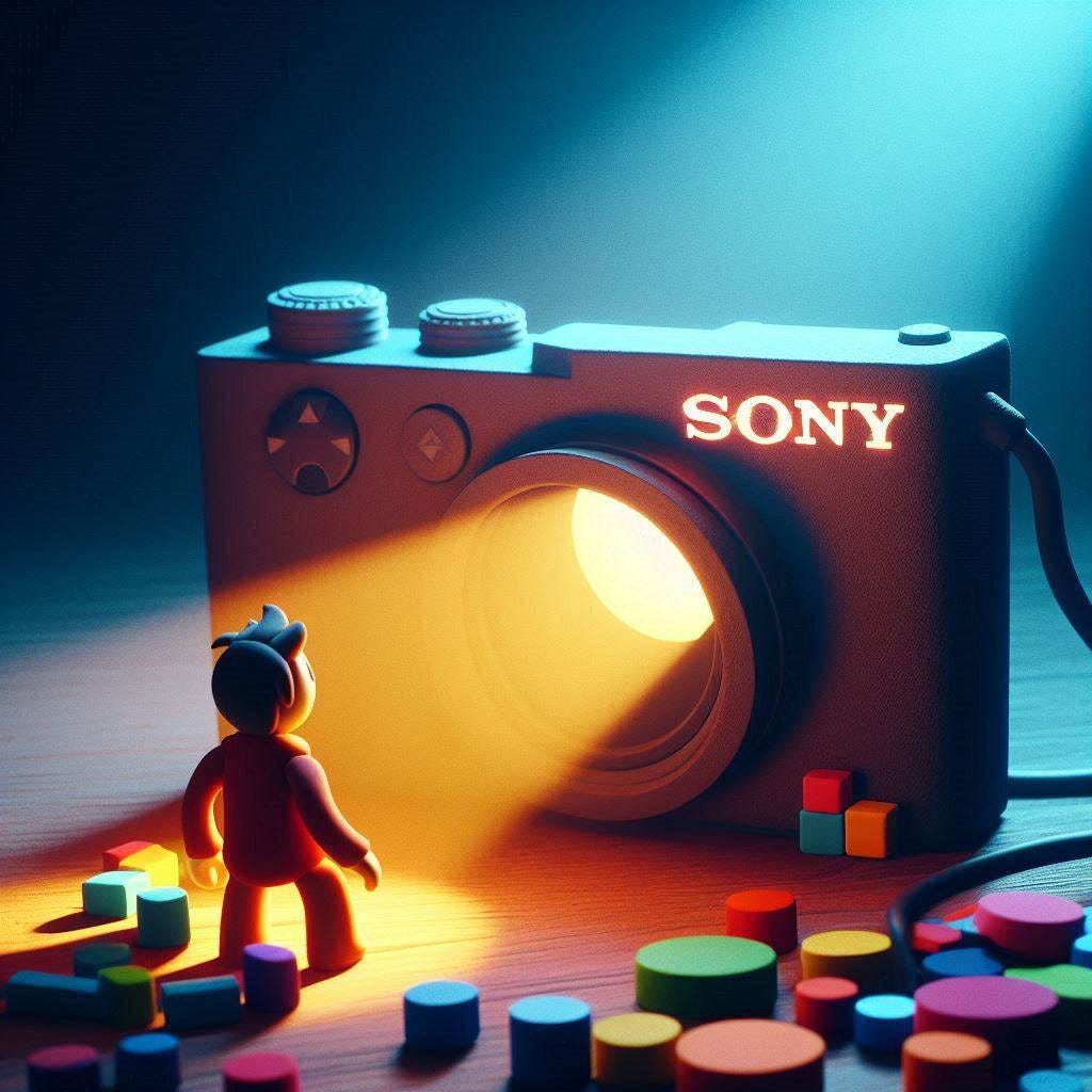 Sony - in Claymation  - Using bright colours - minimalist image - Smooth Image - with 3d Effects with light projecting from the top in a dark room
