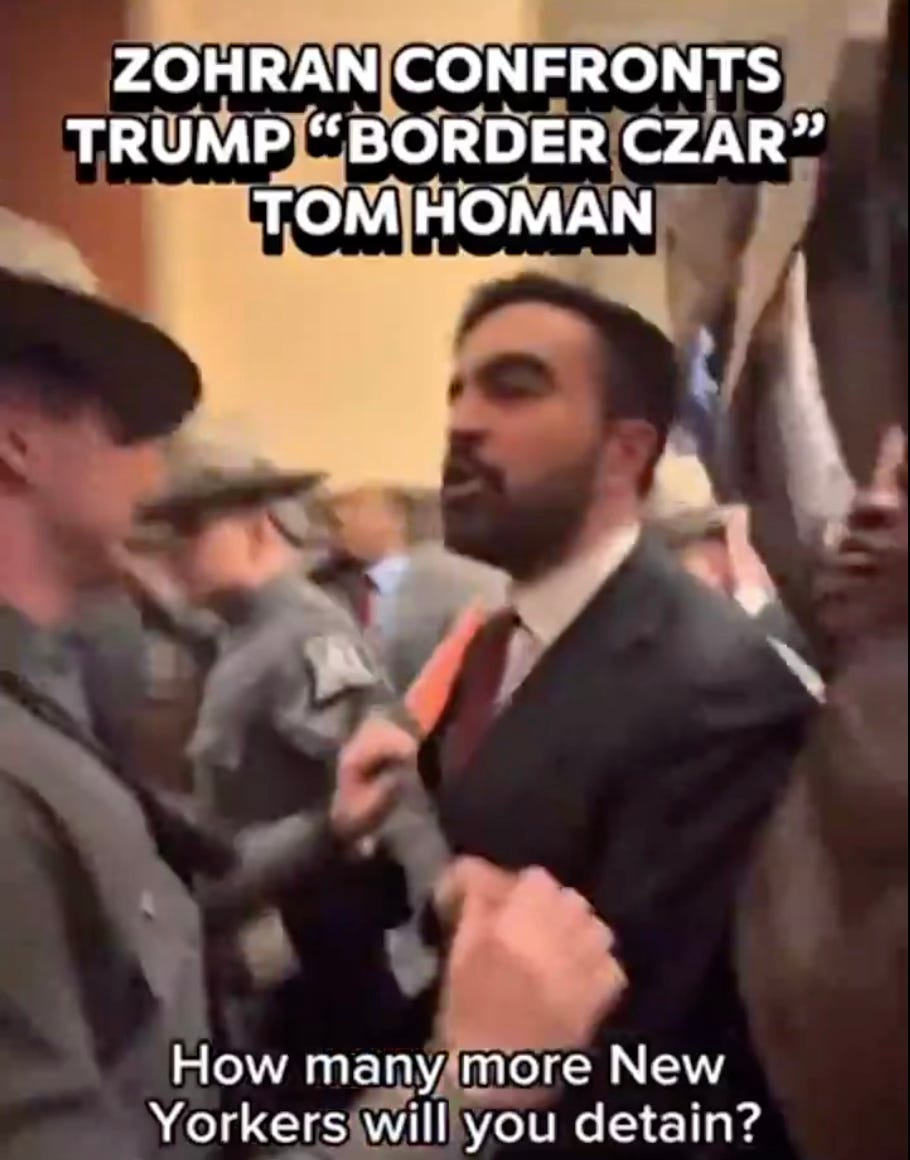 Progressive candidate for NY City mayor is held back by uniformed security while yelling at Tom Homan, Trump's "Border Czar," "How many more New Yorkers will you detain?" Progressive candidate for NY City mayor is held back by uniformed security while yelling at Tom Homan, Trump's "Border Czar," "How many more New Yorkers will you detain?"