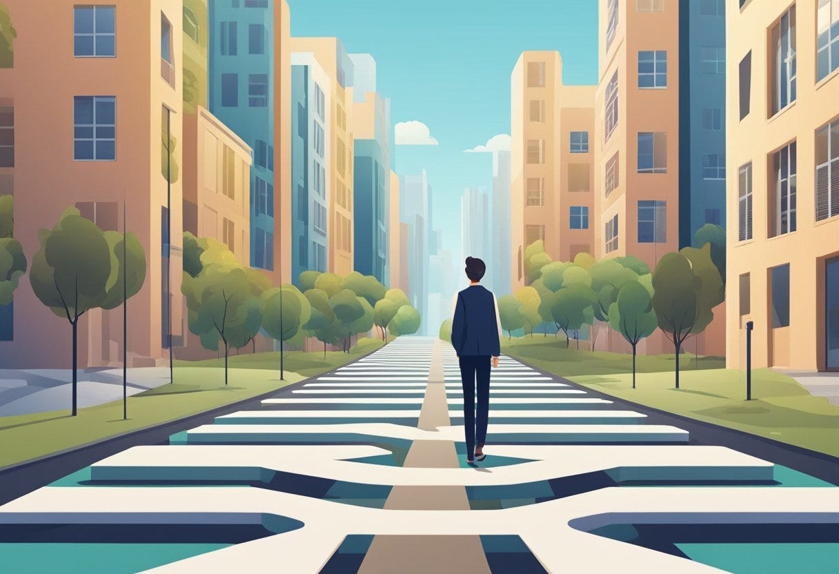 A figure stands at a crossroads surrounded by various paths, each leading to different destinations. The figure confidently chooses a path and begins walking, leaving the other options behind