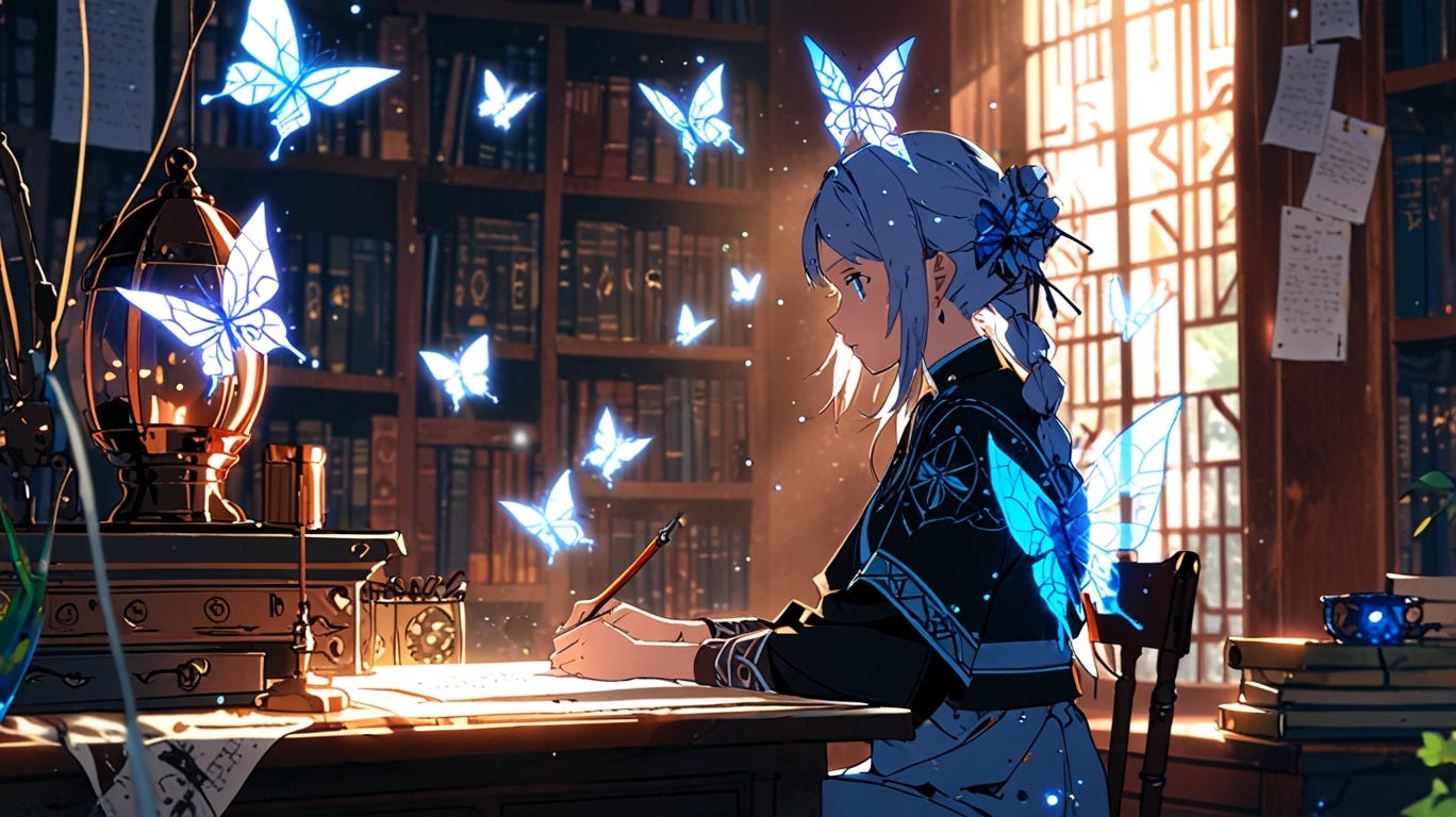 ilustración estilo anime de una escritora en un entorno mágico mientras trabaja
