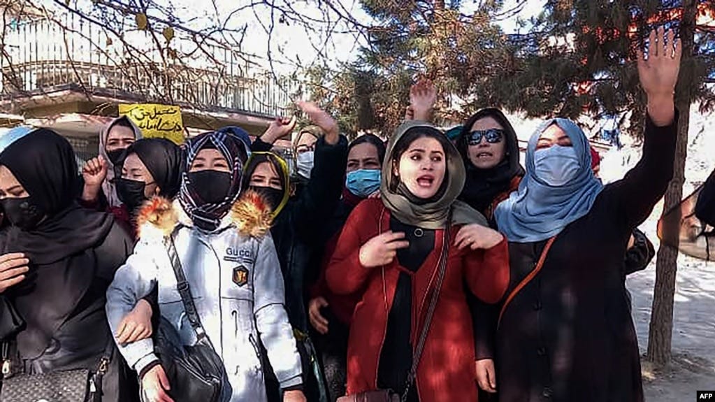 Afghan women protest against the ban on university education for women in Kabul in December 2022. 