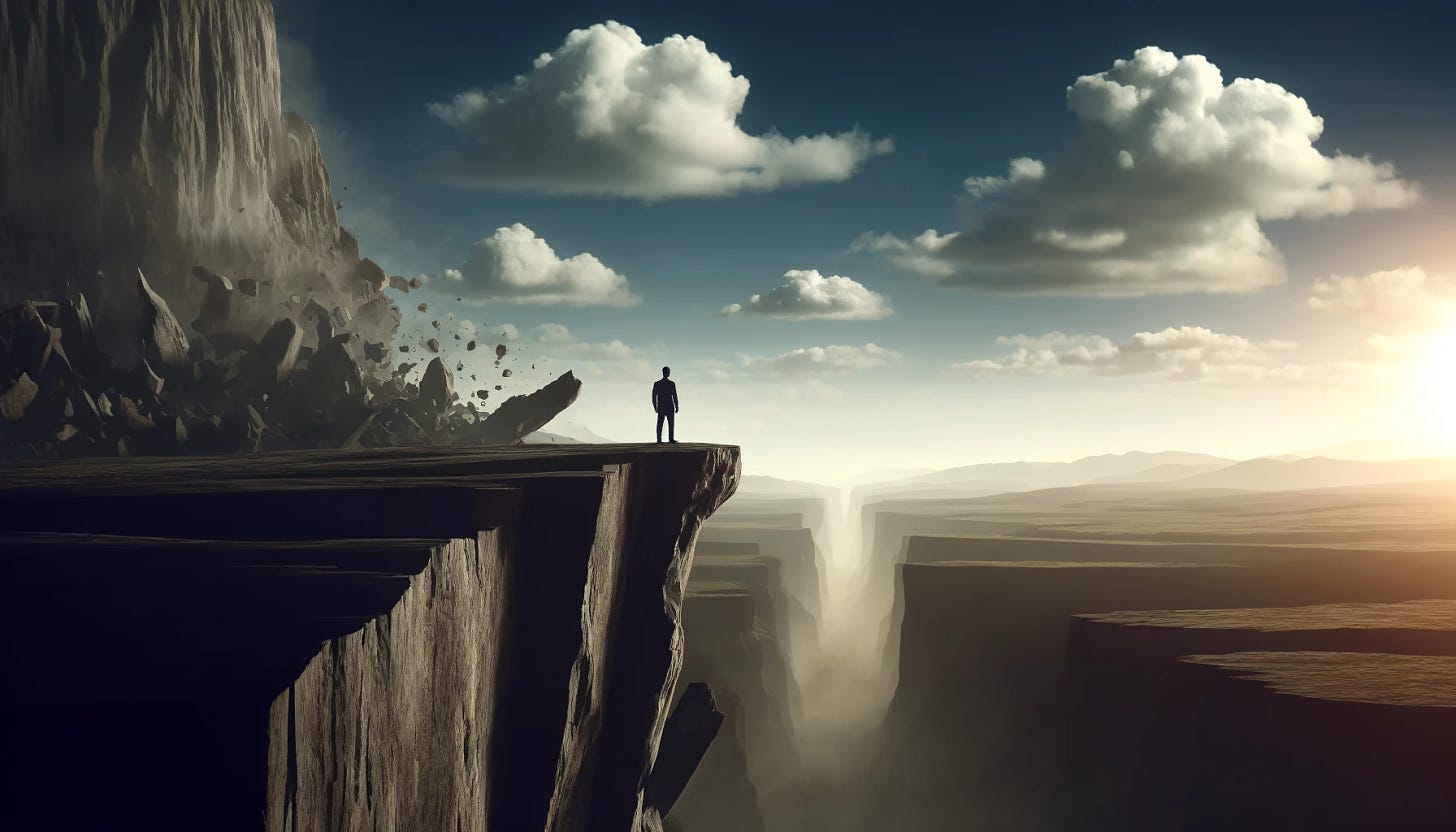 A dramatic and symbolic landscape scene showing a person standing at the edge of a crumbling cliff, looking out over the horizon. The person is unaware of the danger behind them as the cliff is visibly breaking apart. The scene is set during the day with a clear sky, emphasizing the concept of naivety and impending consequences. This landscape orientation highlights the vastness and isolation of the person in their environment, representing the theme 'The Distinct Danger of Being Naive'.