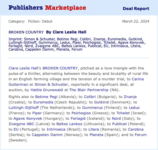 Publishers Marketplace announcement for Broken Country by Clare Leslie Hall