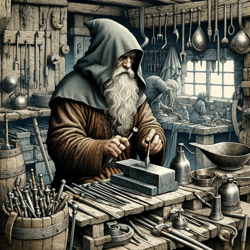 An elderly hermit from a medieval era, similar in style to the provided image, working with tools to make metalware. He wears a hooded cloak and a hat, with a long white beard. The background depicts a rustic workshop with various metalworking tools and equipment. The hermit is focused on shaping a piece of metal, surrounded by finished and unfinished metalware items. The scene has a detailed, illustrated style with muted tones.