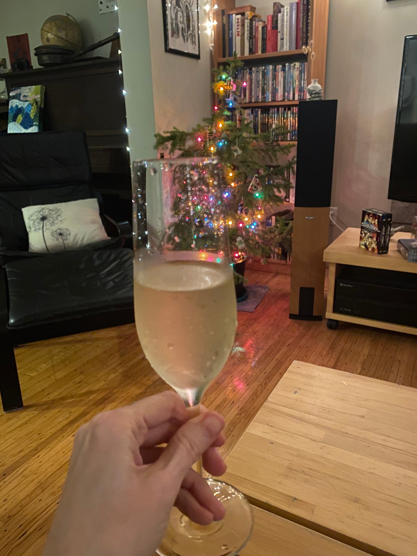 My hand holding a flute of sparkling wine in the living room, the Christmas tree in the background between the tv and a black leather chair and ottoman.