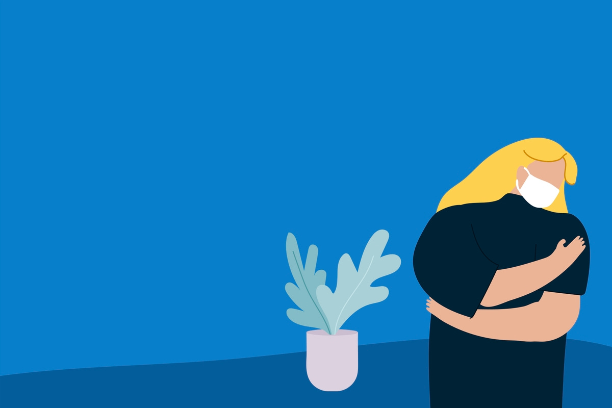 illustraion of a woman in a mask hugging herself beside a potplant against a blue background