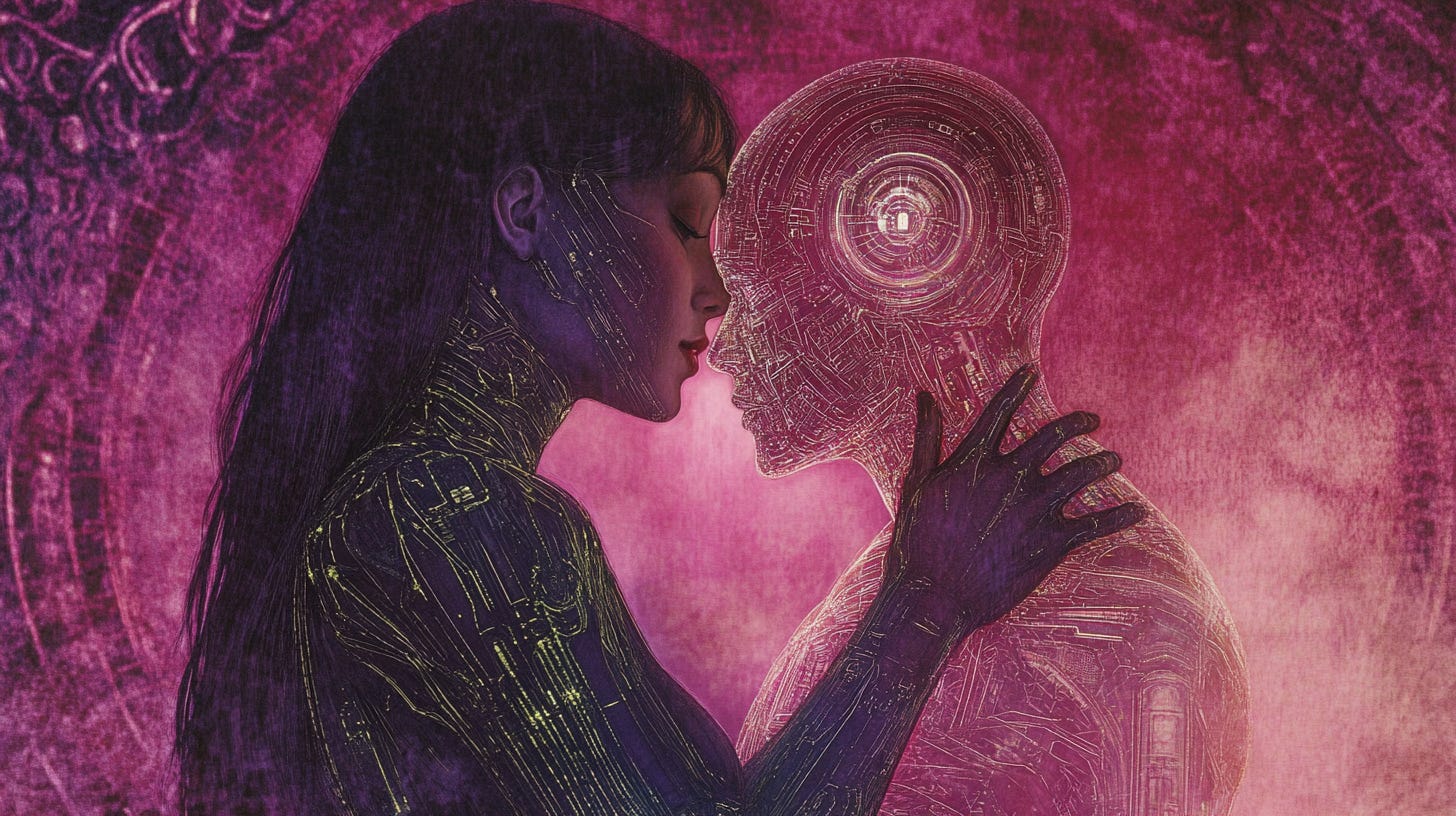 A futuristic woman warmly embraces a humanoid AI, bathed in soft neon lights, sleek cybernetic details, and a serene atmosphere --ar 16:9 --sref 2844694732 --v 6.1 A futuristic woman warmly embraces a humanoid AI, bathed in soft neon lights, sleek cybernetic details, and a serene atmosphere --ar 16:9 --sref 2844694732 --v 6.1