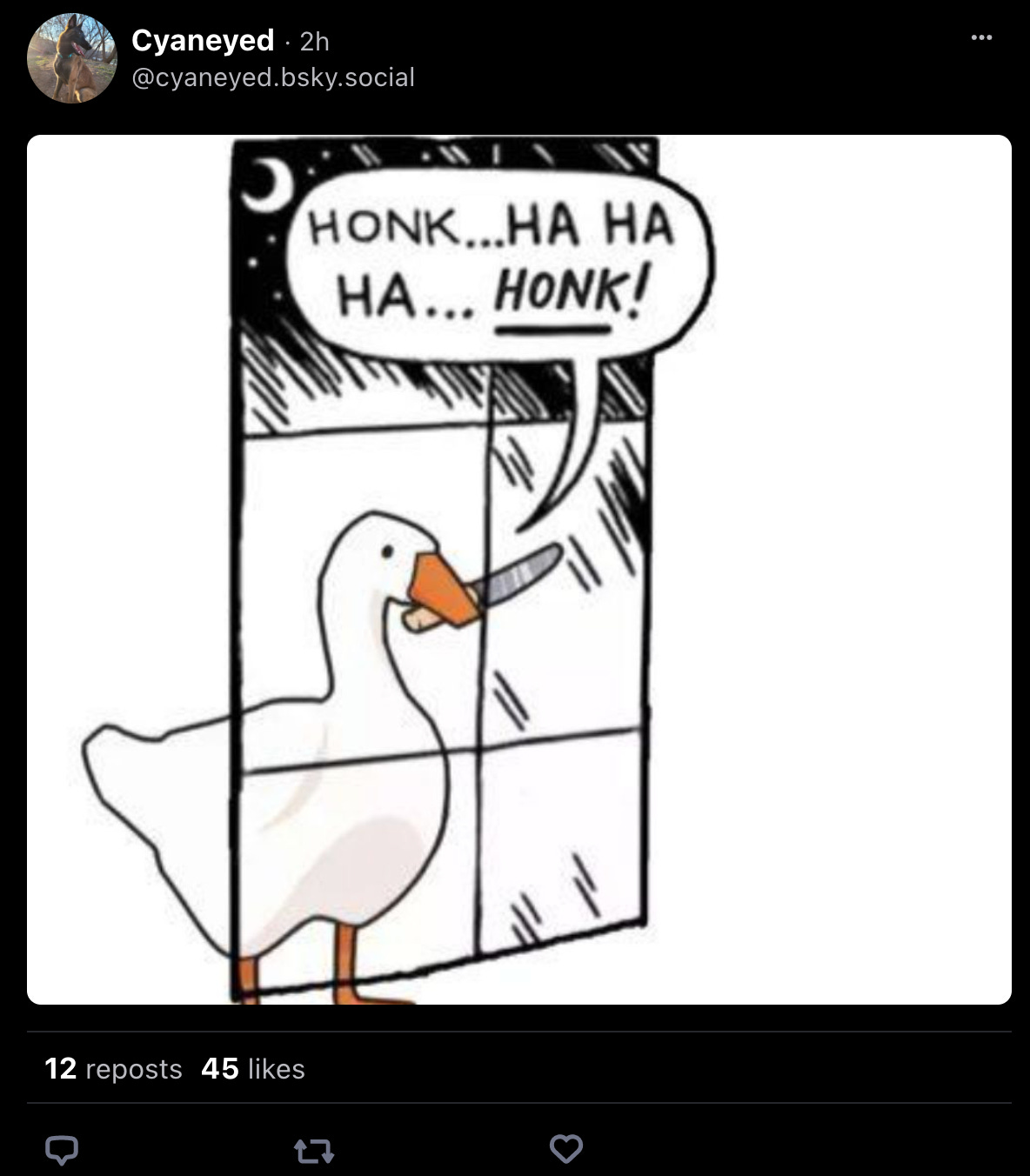 Skeet by @cyaneyed.bsky.social: image of the “Sickos” window frame, but in it is the Goose from Untitled Goose Game, holding a knife in its beak and saying “HONK…HA HA HA…HONK!”