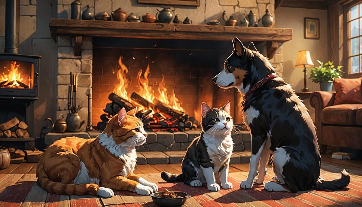 Dog with 2 cats sitting at fireside