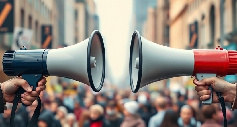 Two megaphones (red and blue) pointed at each other like guns, in front of blurred crowd in the streets in the background.