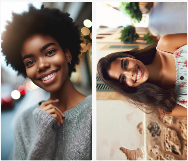 Two portrait images of a smiling woman, but one is flipped sideways