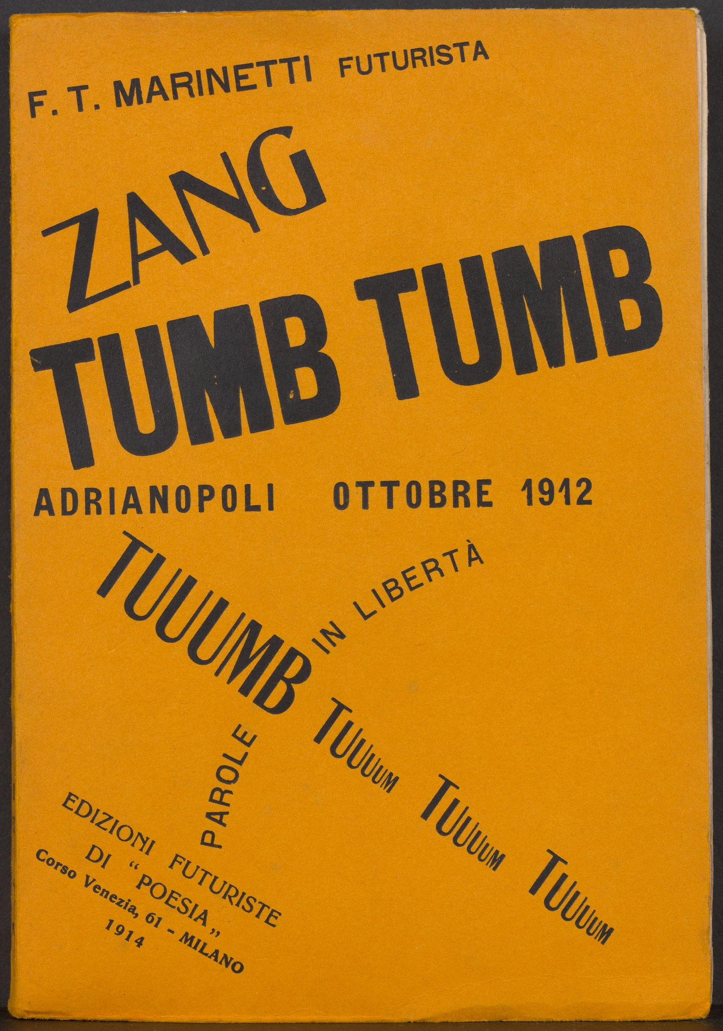 book cover in orange and black type with Italian and dadaist language, includes F.T. Marinetti and futurism - bold and bright