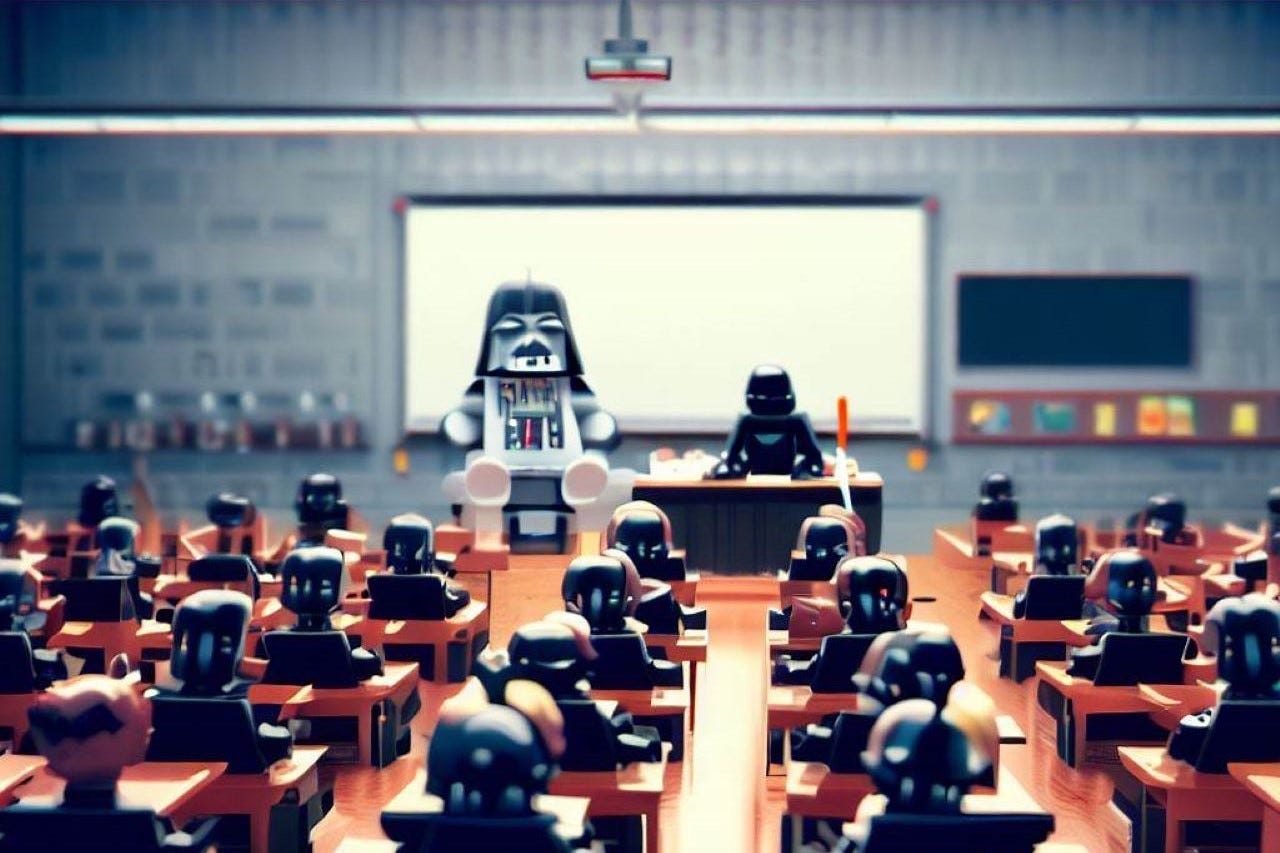 Lego Darth Vader overseeing a classroom full of Lego Star Wars characters