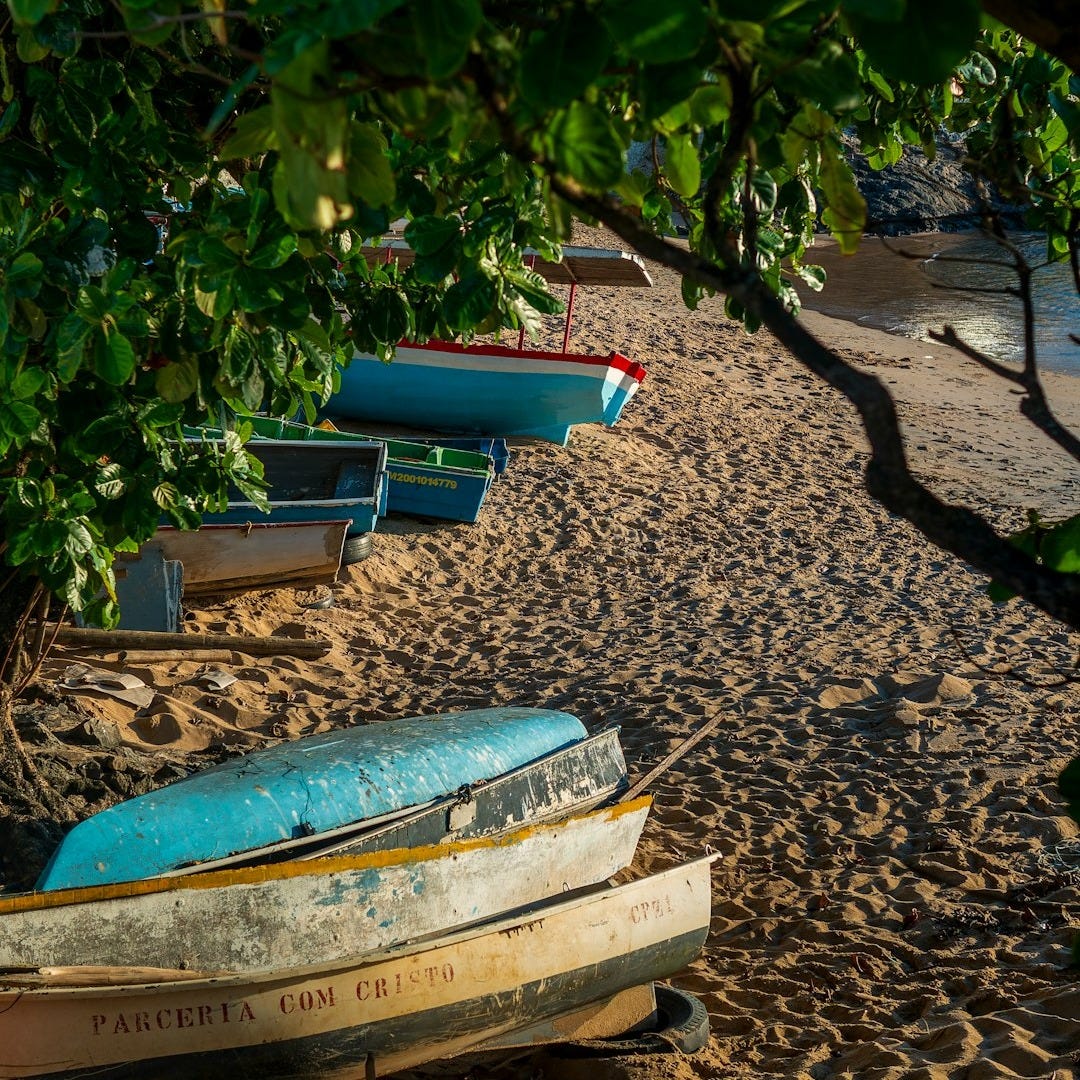 a row of boats sitting on top of a sandy beach