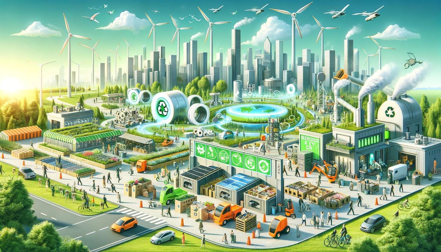 An image representing the concept of the circular economy. The scene depicts a futuristic and eco-friendly cityscape where various aspects of a circular economy are in action. There are buildings with green roofs, solar panels, and wind turbines, symbolizing renewable energy sources. In the foreground, there's a facility for recycling and repurposing materials, with robots and workers sorting different types of waste. Another area shows a marketplace for refurbished and repaired electronics, emphasizing product longevity. People are using bicycles and electric vehicles, highlighting sustainable transportation. The atmosphere is clean and green, with digital displays educating the public about the importance of reducing, reusing, and recycling.