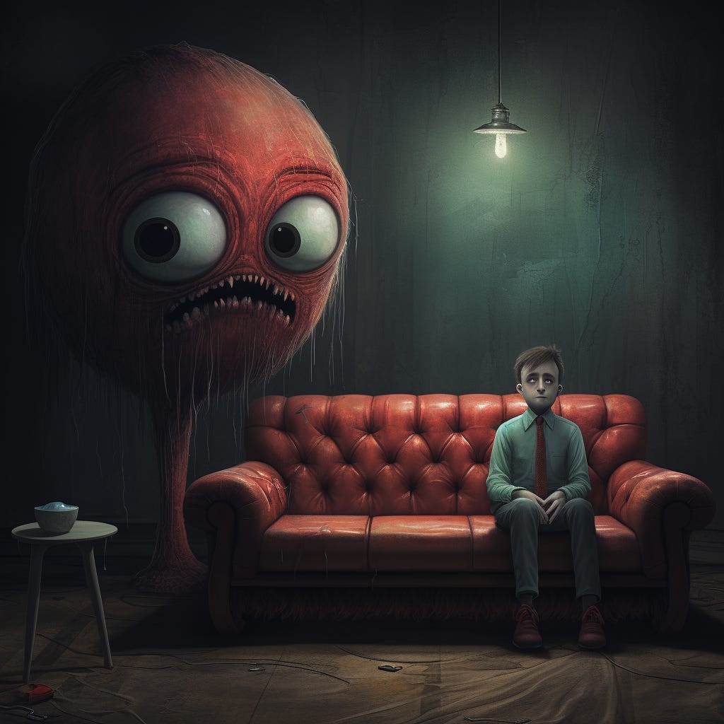 illustration of a boy bored by the appearance of a monster