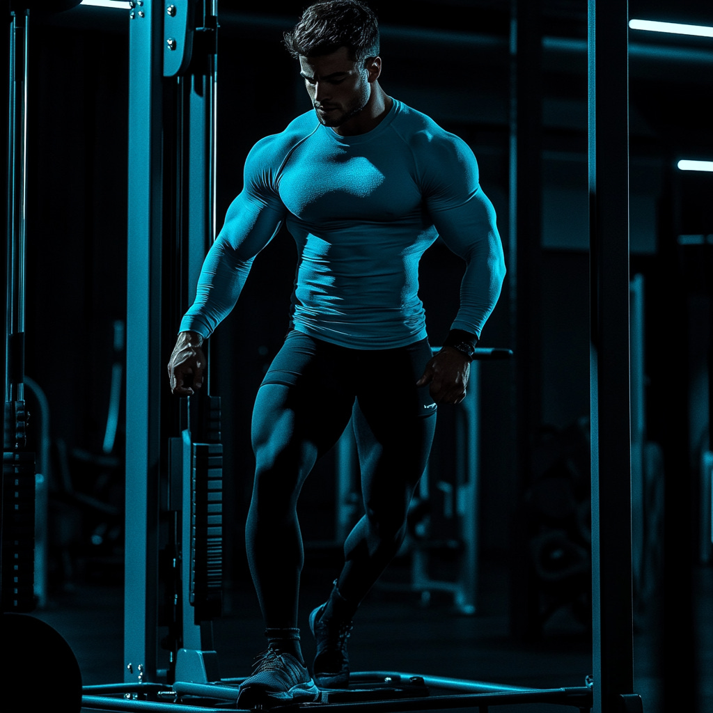 Muscular man wearing blue under-armour shirt and black leggings walking through a dark gym with light blue fluorescent lighting.