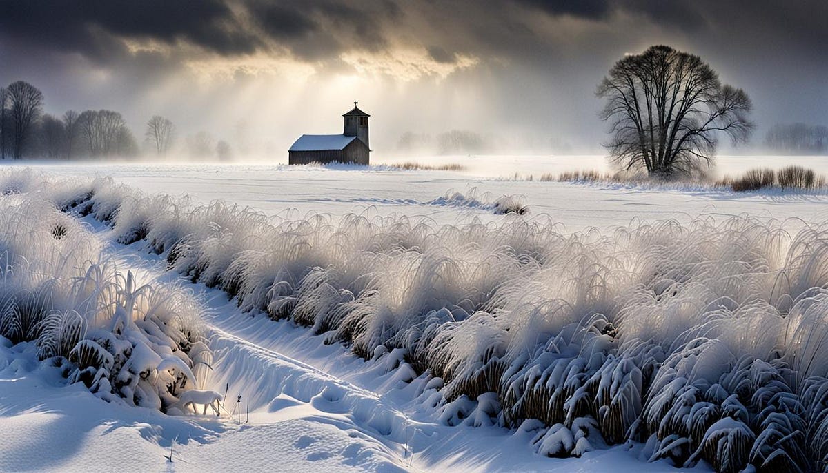 A Winter scene, with field and a church in distance