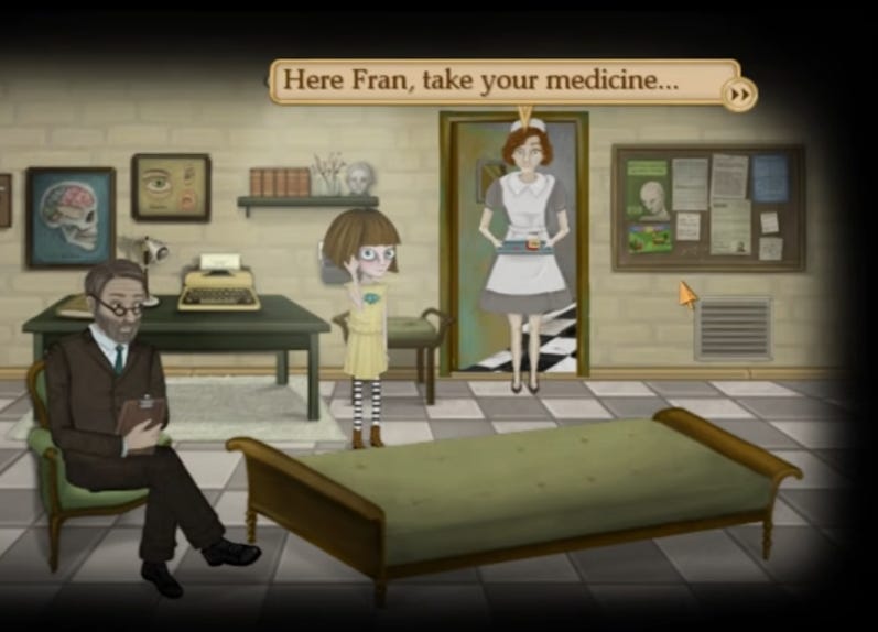 A screenshot from early in the game where Fran is standing in Dr. Deern's office. A nurse is standing in the doorway with a bottle of pills on a silver tray. She says "here, Fran, take your medicine."