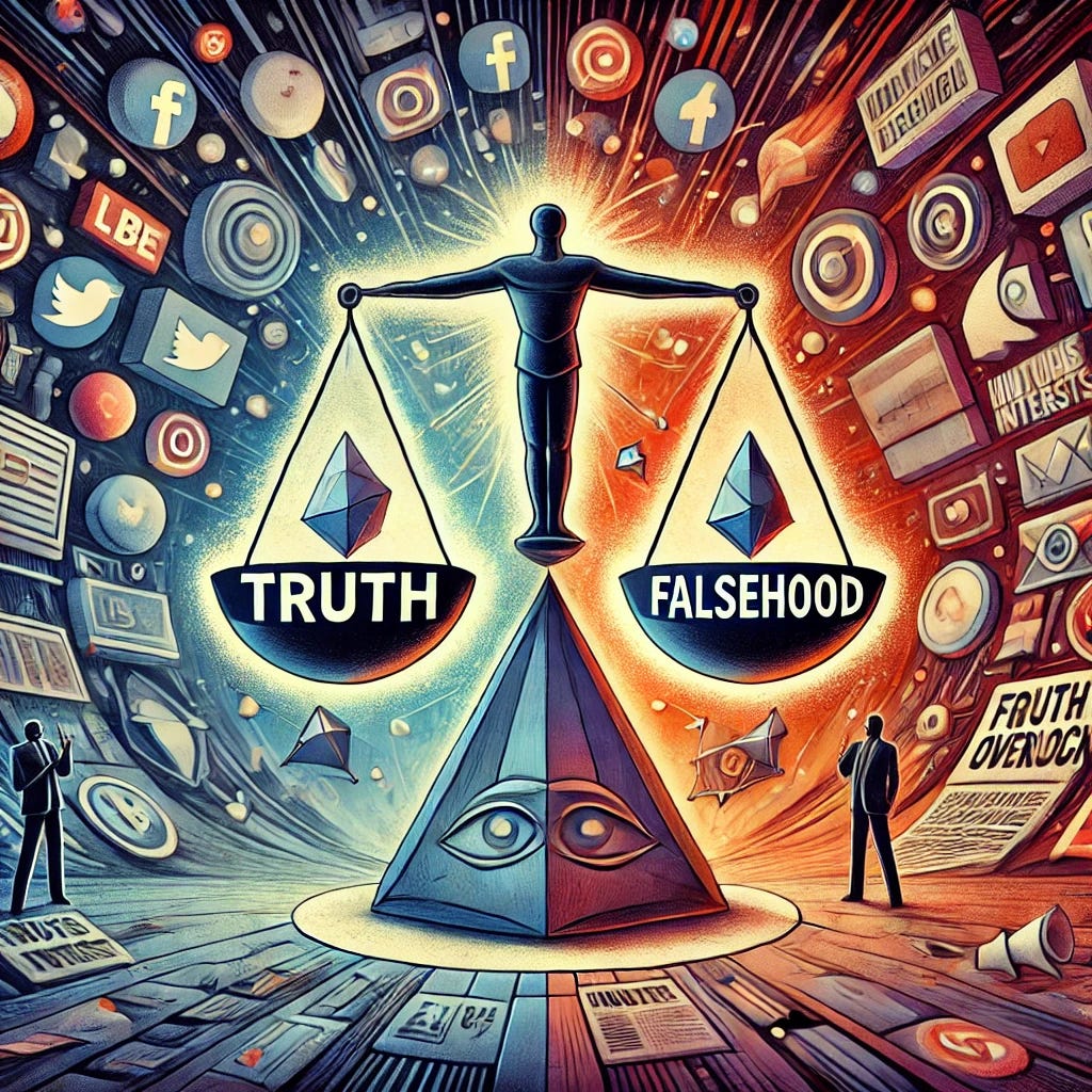 An abstract representation of fact-checking in the modern age, showing a balance scale with 'truth' on one side and 'falsehood' on the other, surrounded by symbols of information overload such as news articles, social media icons, and propaganda posters. The scale is cracked, symbolizing the complexity and fragility of truth-seeking today. Behind the scale, there are shadowy figures representing corporate interests and political pressures, manipulating the strings of the scale. The overall scene has a tense and chaotic atmosphere, with contrasting colors representing the clash between objectivity and bias.