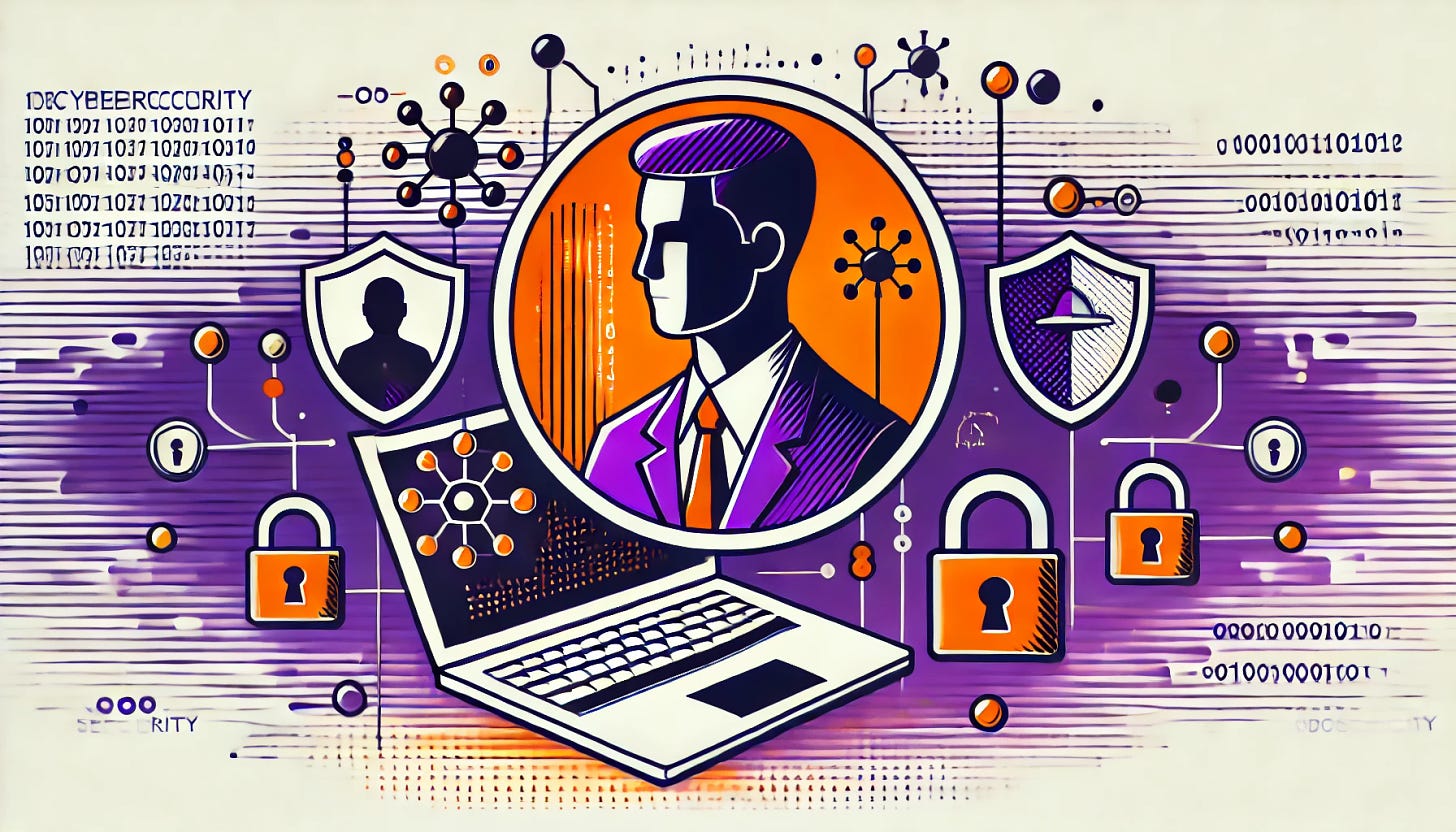 A pop art style illustration of a cybersecurity expert. The color palette is restricted to bright purple, bright orange, black, and white, with a white background. The design features a clean and minimal figure of a professional working in cybersecurity, possibly surrounded by subtle symbols like shields, locks, and network lines to indicate security. The overall scene is simple, focusing on the expert’s role in protecting digital environments.