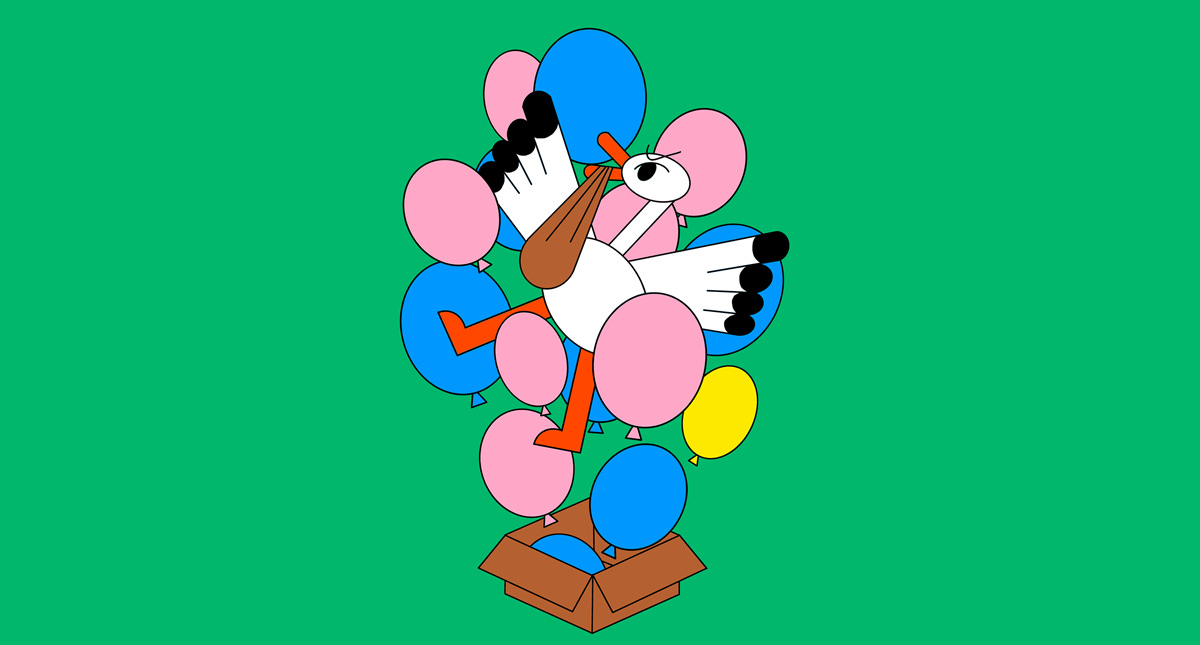 Illustratie van een Ooijevaar met een zakje in de bek, die samen met roze blauwe ballonnen uit een bruine doos omhoog zweeft. De achtergrond is groen.