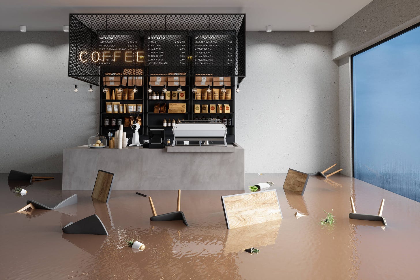 A flooded coffee shop. Chairs and tables are floating in flood water.