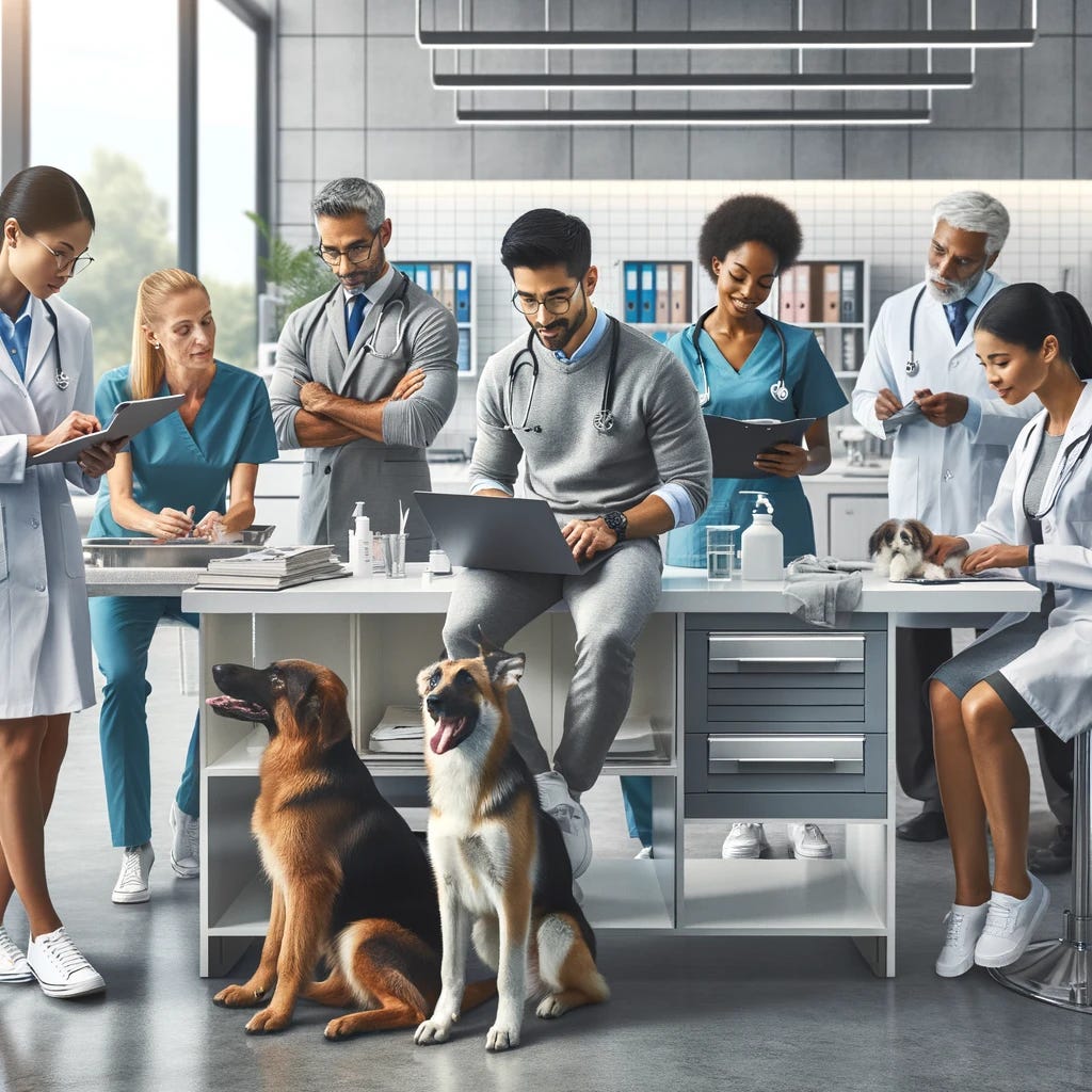 A modern, engaging scene in a veterinary clinic featuring a diverse group of veterinarians working in various roles. The setting is a bright, spacious clinic with advanced equipment. One veterinarian, a middle-aged Asian man, is conducting research on a laptop, surrounded by medical journals. Another, a young Black woman, is performing a check-up on a dog, with a stethoscope. A third, a Hispanic woman, is consulting with a pet owner, discussing pet care tips. The atmosphere is professional, lively, and supportive, reflecting the variety of career paths available in veterinary medicine.