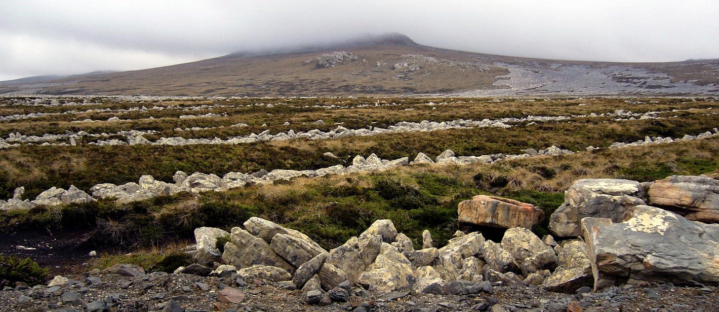Run runs on desolate landscape with a clouded hill in the background 