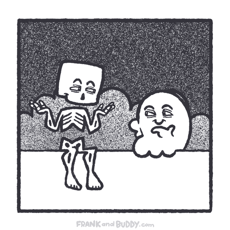 In this animated webcomic, the skeleton and the baby ghost look at each other with knowing eyes as their eyebrows move up and down.