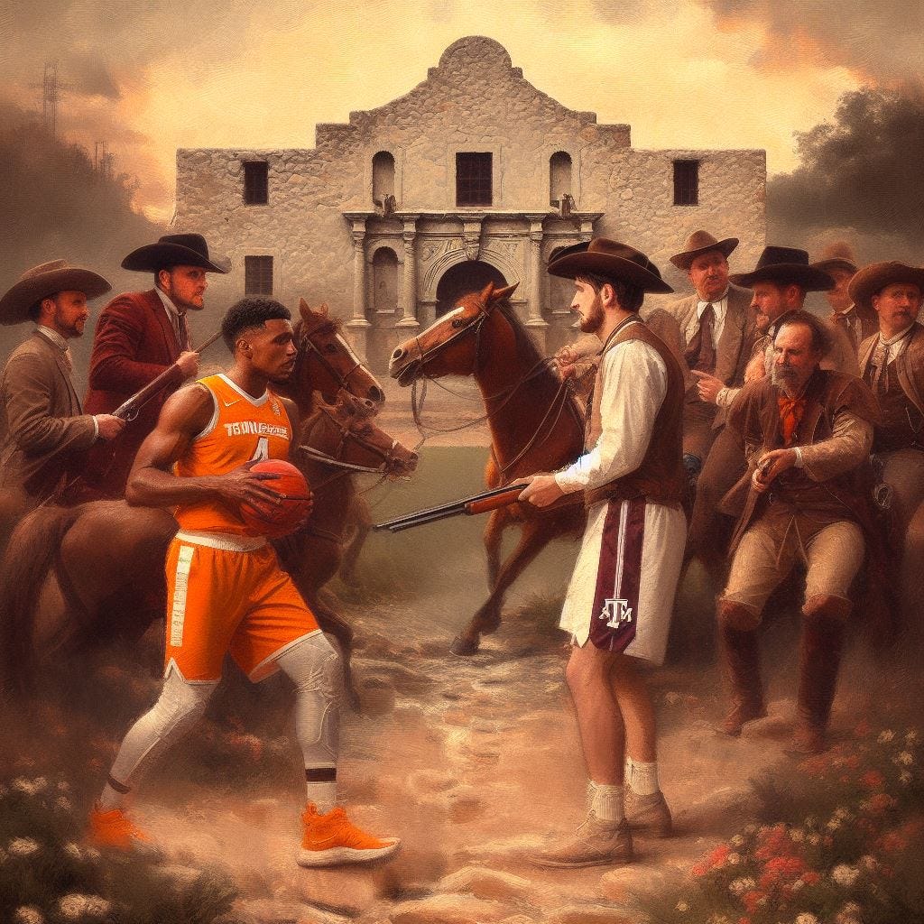 Tennessee Volunteers basketball and Texas A&M Aggies basketball fighting at The Alamo, impressionism