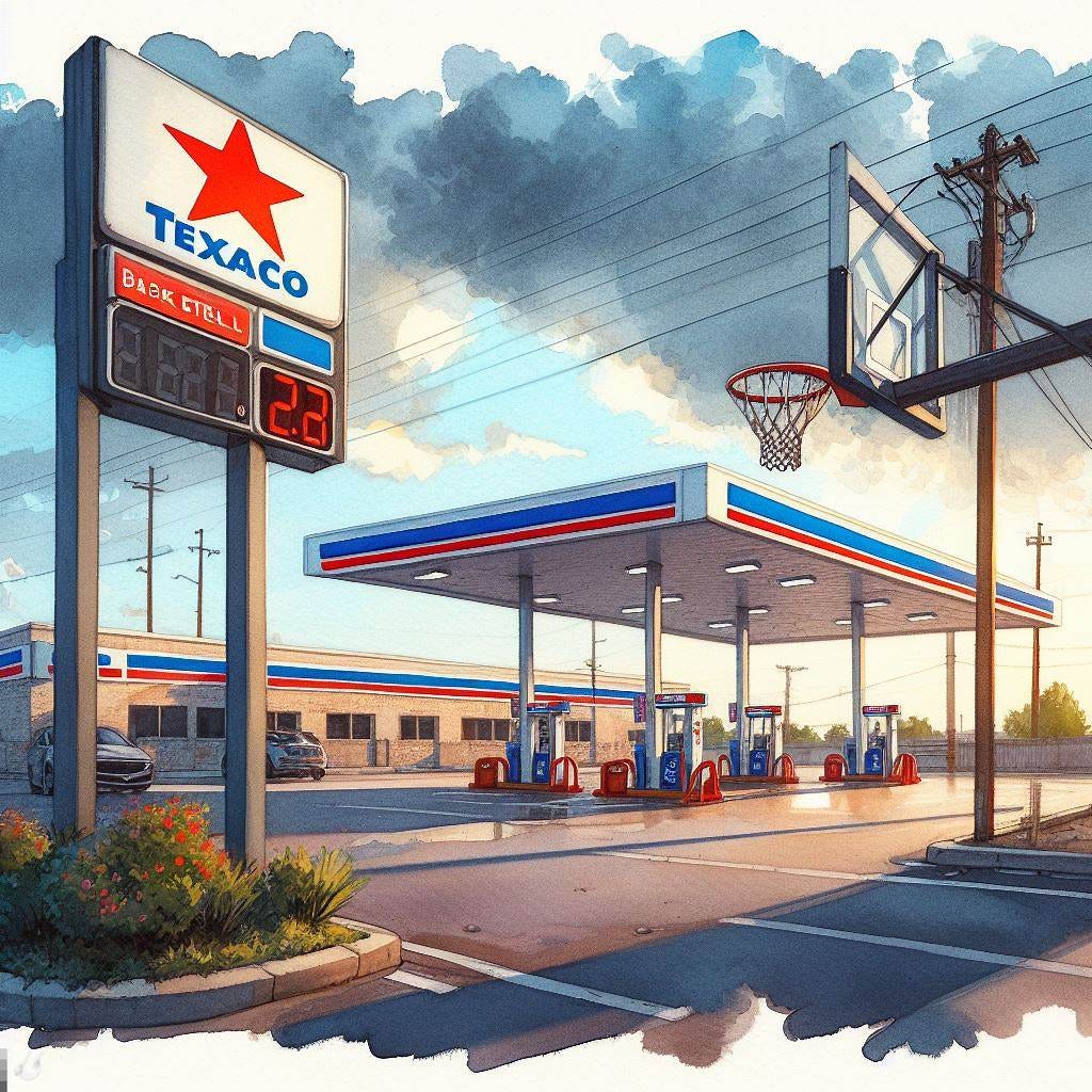 A Texaco parking lot with a basketball goal, watercolor