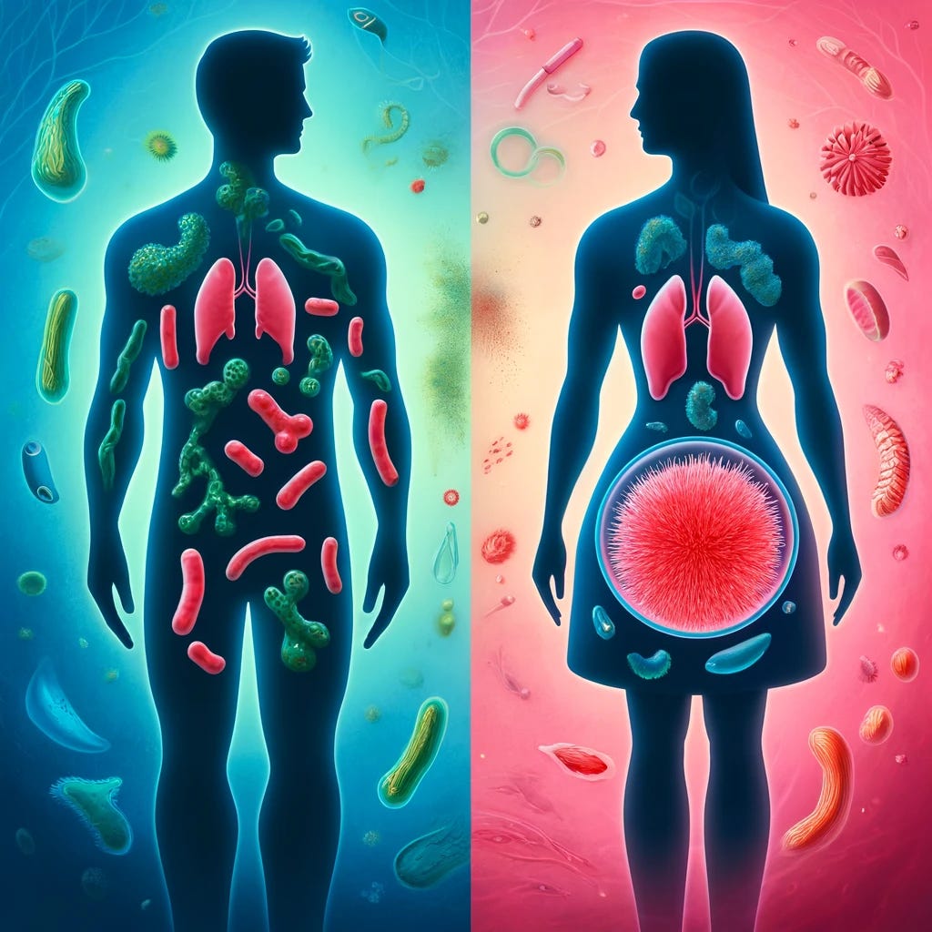 A conceptual split design illustrating gender-specific differences in gut bacteria related to obesity. On the left, a male silhouette in dark blue with abstract forms of bacteria like Parabacteroides helcogenes and Campylobacter canadensis glowing red within the silhouette. On the right, a female silhouette in light pink with different bacteria such as Prevotella species glowing green inside it. The center features a subtle depiction of Christensenella minuta in a protective bubble, symbolizing its role in obesity. The background transitions from blue to pink, representing metabolic and microbial variations.